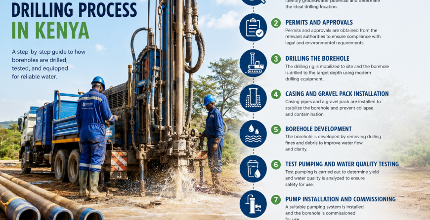 Borehole drilling process in Kenya showing a drilling rig, hydrogeological survey, drilling stages, borehole construction, testing, and pump installation.