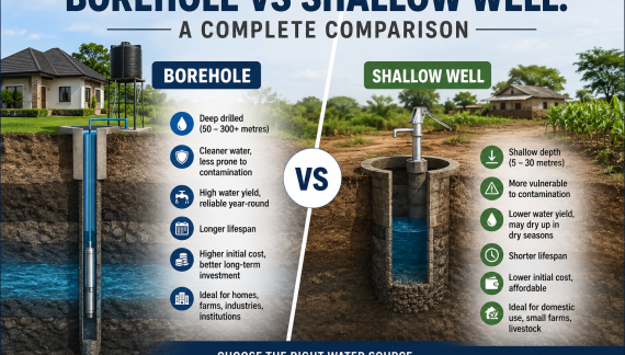 llustration comparing a borehole and a shallow well, highlighting differences in depth, water source, construction, water quality, cost, reliability, lifespan, and suitable applications.