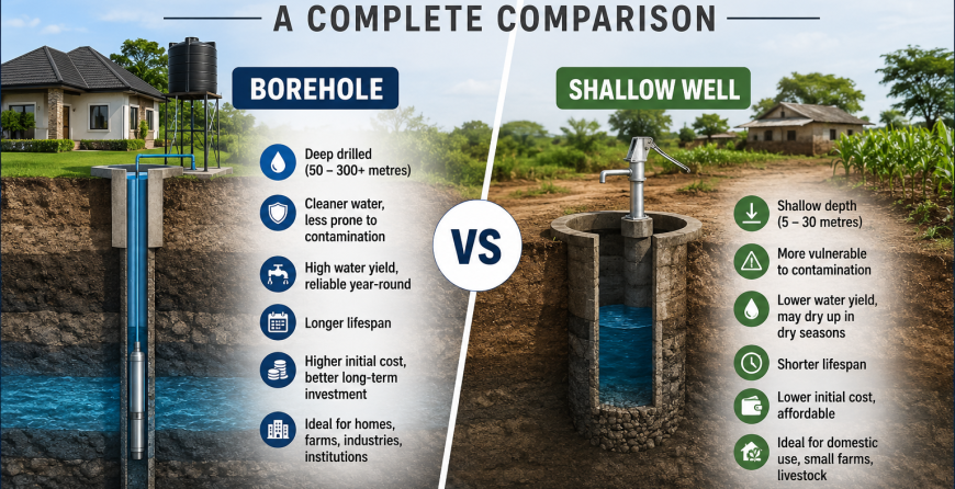 llustration comparing a borehole and a shallow well, highlighting differences in depth, water source, construction, water quality, cost, reliability, lifespan, and suitable applications.